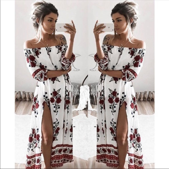 Off Shoulder Bohemian Side Slit Maxi Dress - Picture 2 of 8